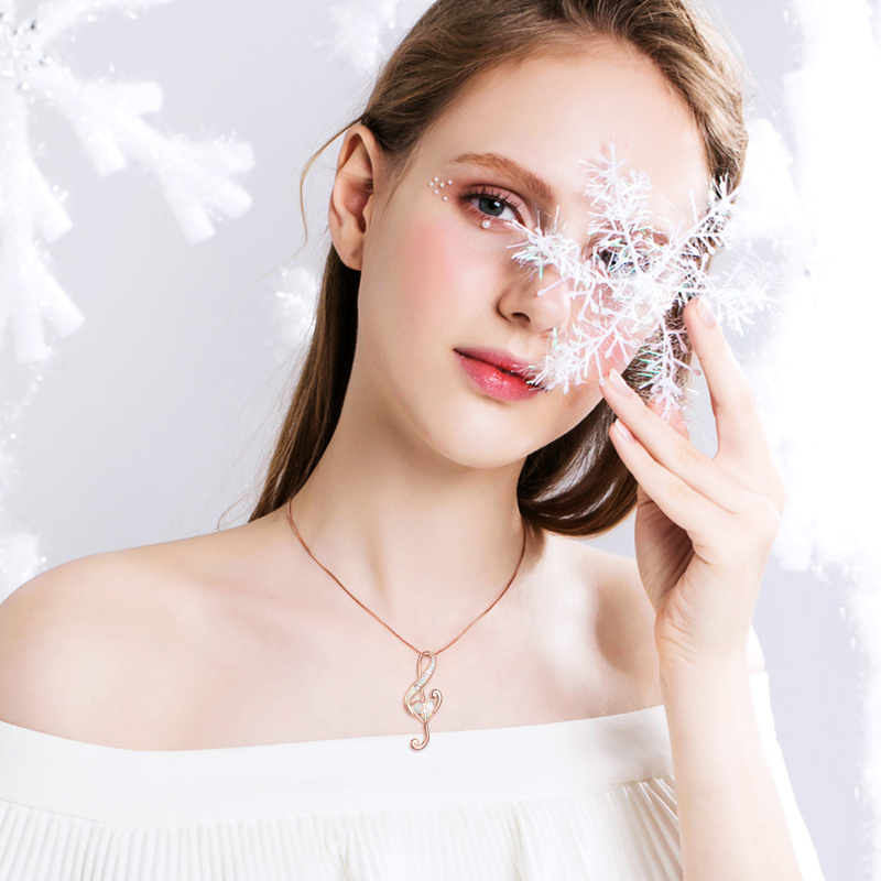 Naszyjnik ze srebra próby 925 z opalem w kształcie serca i symbolem muzycznym, platerowany różowym złotem, dla kobiet-2