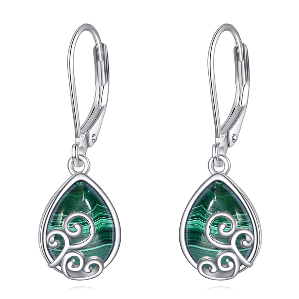 Pendientes de plata de ley con forma de gota de hiedra y malaquita con cierre de palanca para mujer-1