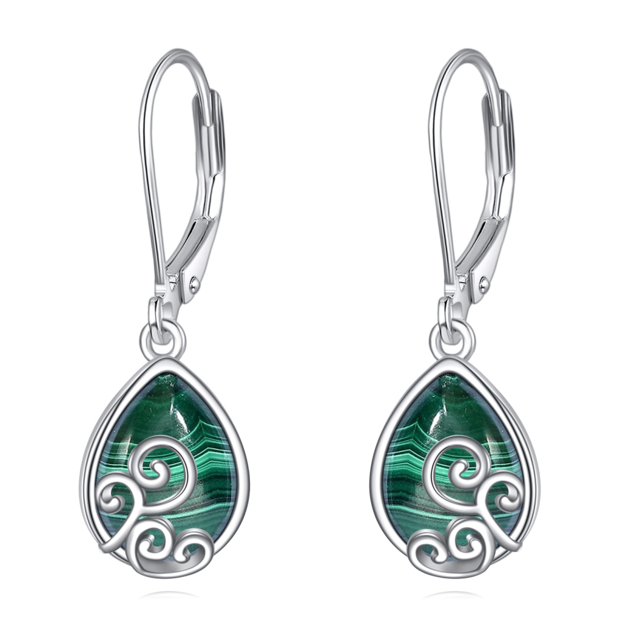 Sterling Silver Malachite Ivy & Drop Shape Lever-back Earrings for Women-1