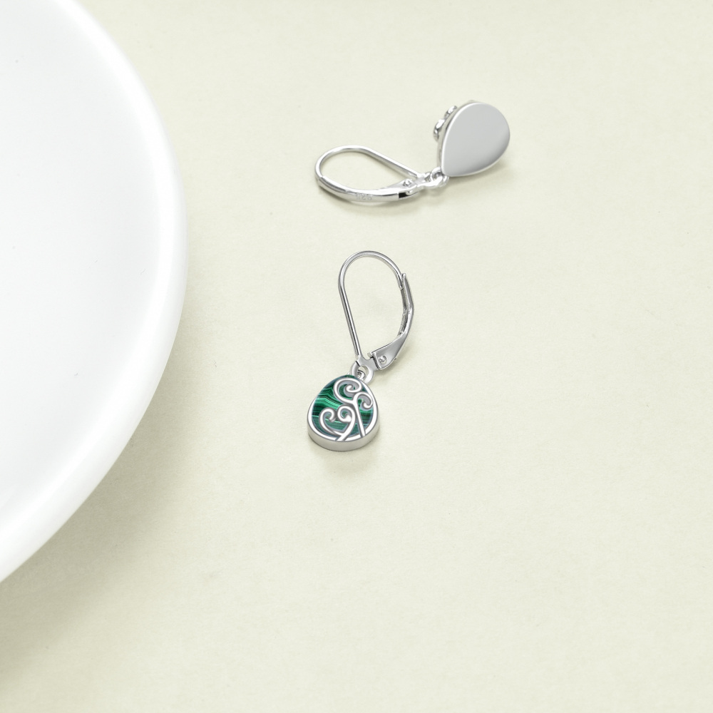Pendientes de plata de ley con forma de gota de hiedra y malaquita con cierre de palanca para mujer-3