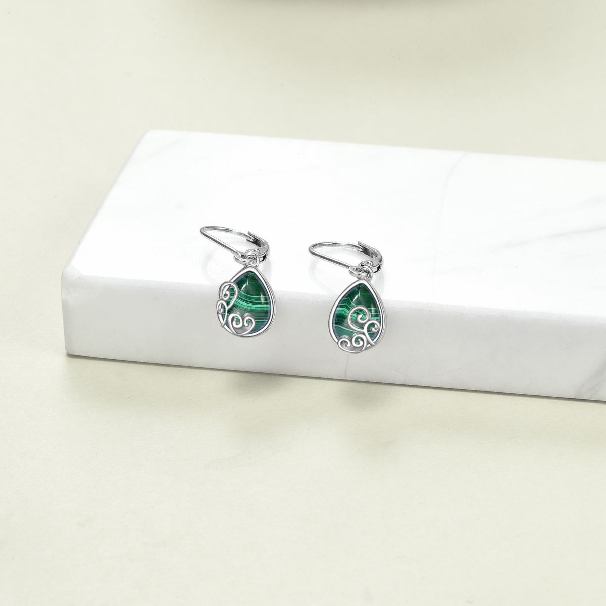 Boucles d'oreilles à levier en forme de goutte de lierre en argent sterling et malachite pour femmes-4