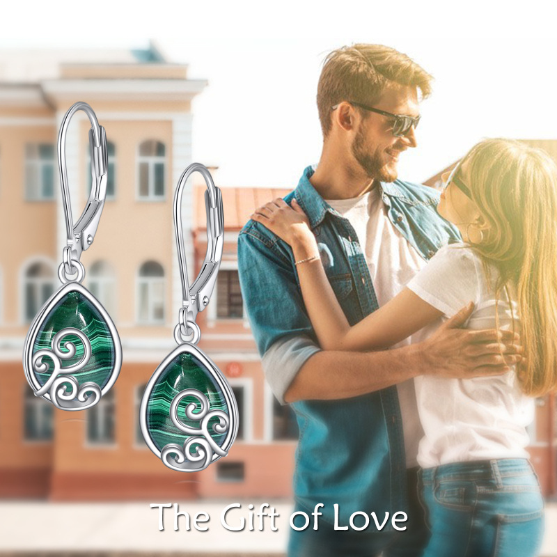 Brincos de prata esterlina malaquita hera gota formato alavanca para mulheres-6