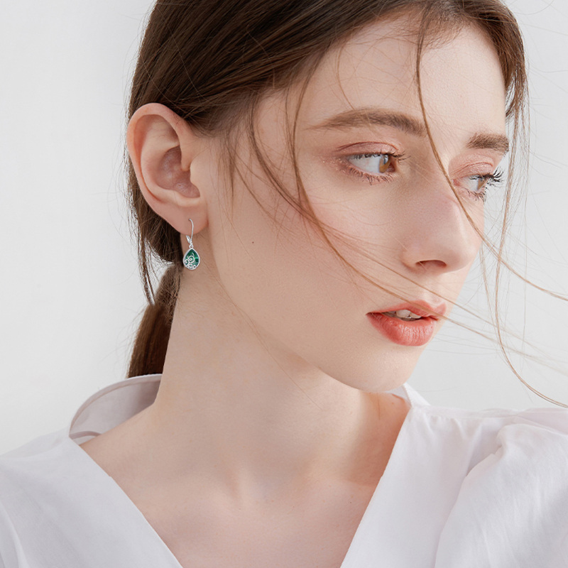 Brincos de prata esterlina malaquita hera gota formato alavanca para mulheres-2