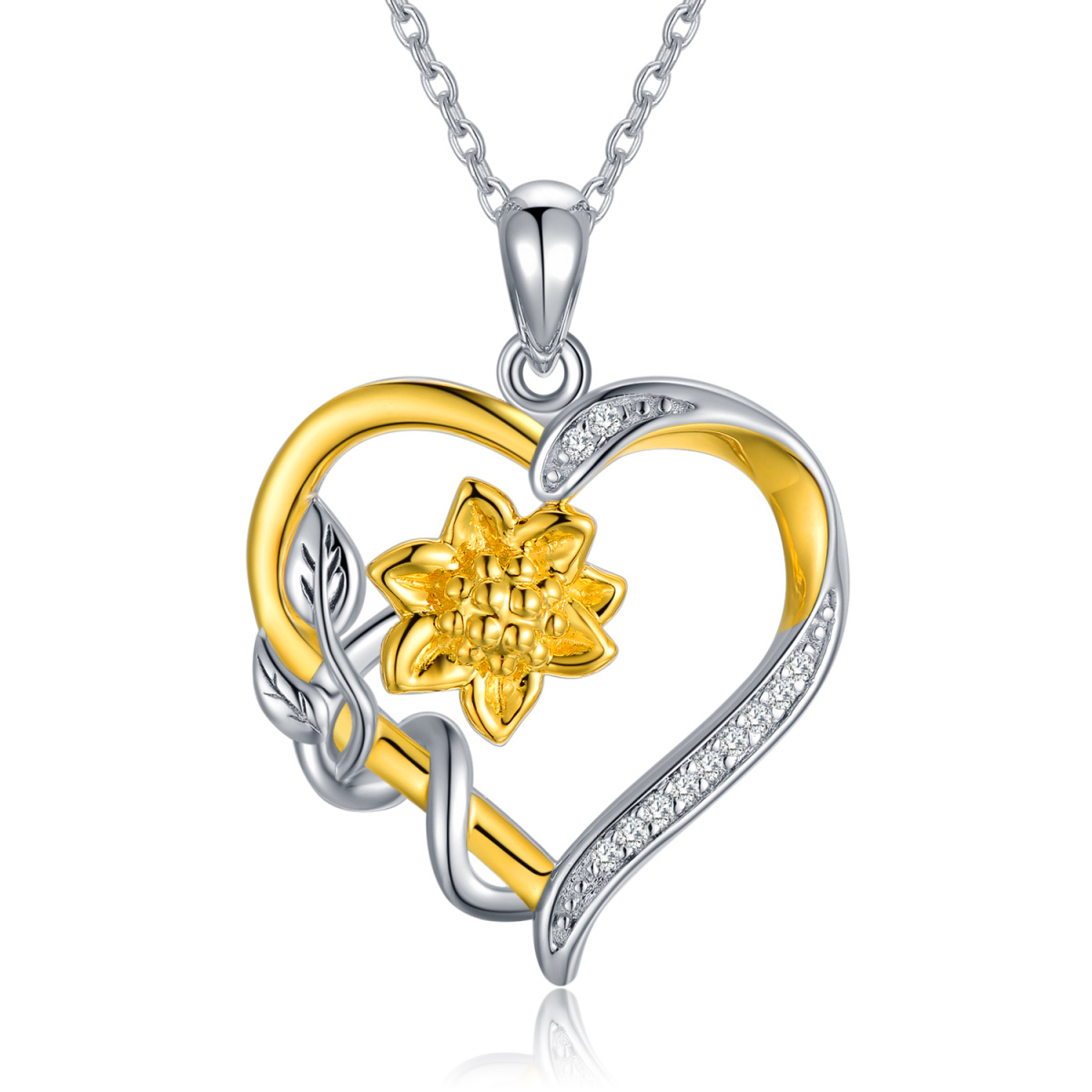 Sterling Silver Two-tone Diamond Sunflower & Heart Pendant Necklace-1