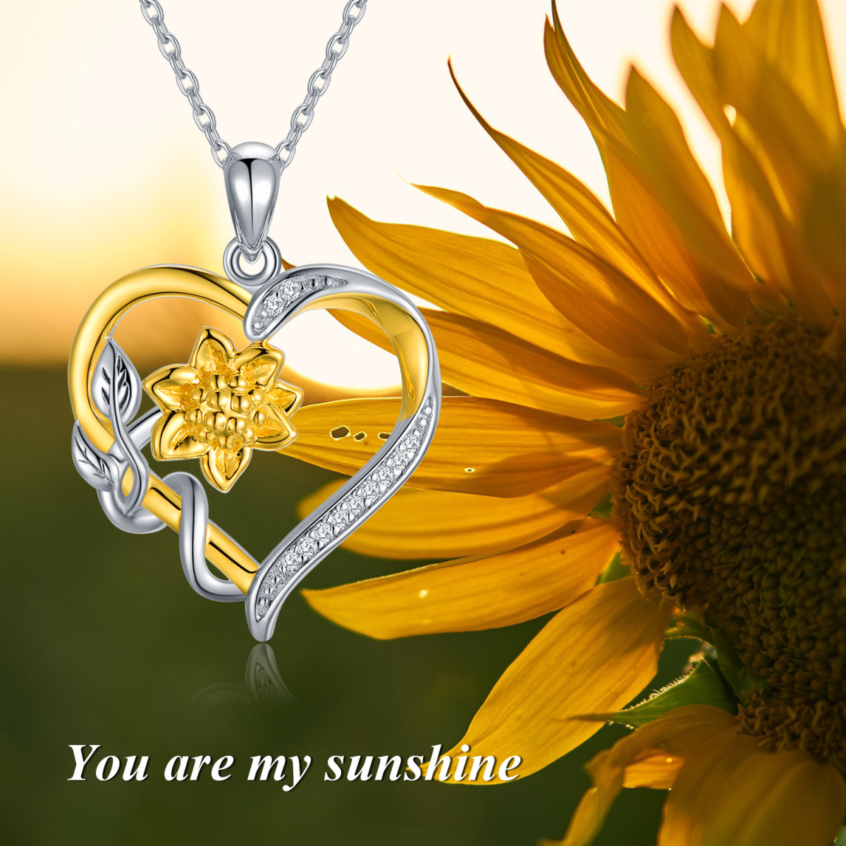 Sterling Silver Two-tone Diamond Sunflower & Heart Pendant Necklace-6