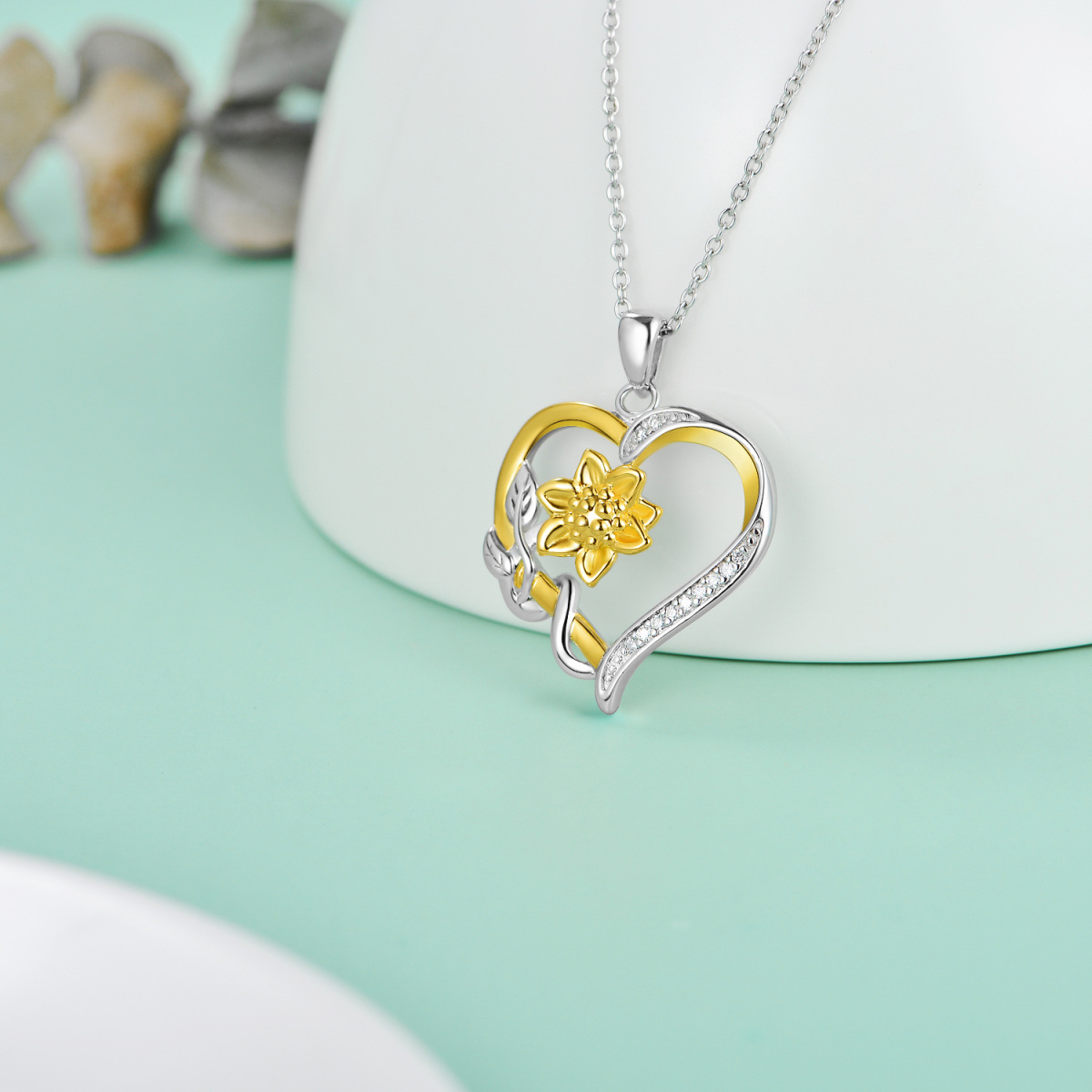 Sterling Silver Two-tone Diamond Sunflower & Heart Pendant Necklace-3