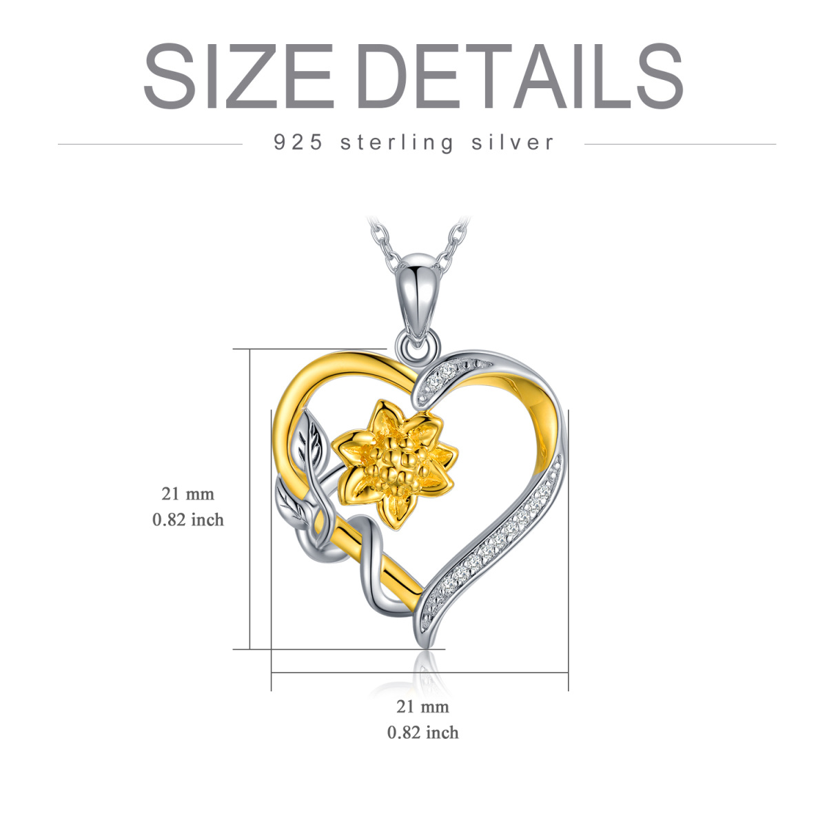 Sterling Silver Two-tone Diamond Sunflower & Heart Pendant Necklace-5