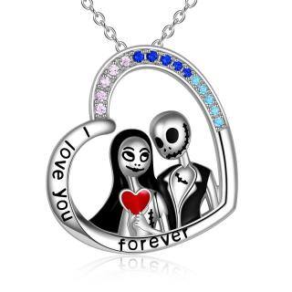 Sterling Silver Cubic Zirconia Jack & Sally Skeleton Heart Engraved Necklace for Women Men-17