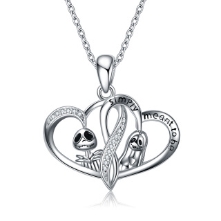 Sterling Silver Cubic Zirconia Heart With Heart & Skull Engraved Necklace for Women Men-11