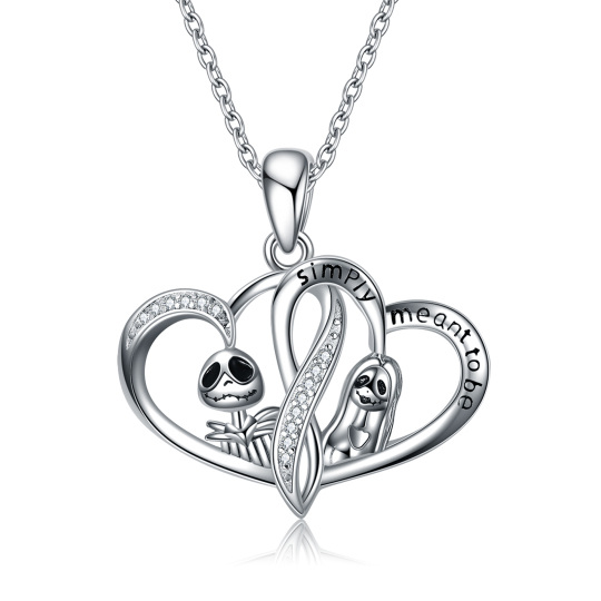 Collar con corazón de circonita cúbica en plata de ley y calavera grabada para mujeres y hombres