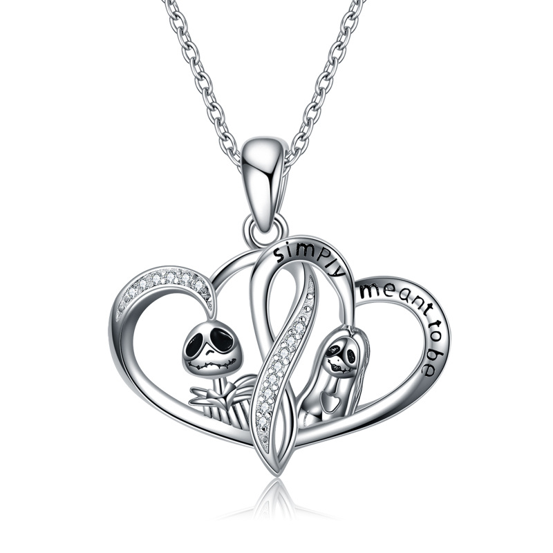 Sterling Silver Cubic Zirconia Heart With Heart & Skull Engraved Necklace for Women Men-8