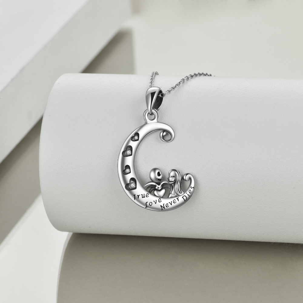Sterling Silver Spider Heart Moon Skeleton Engraved Necklace for Women Men-3