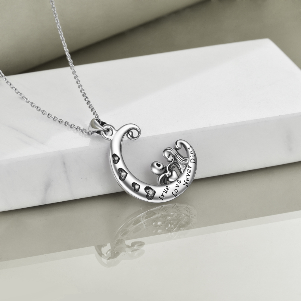 Sterling Silver Spider Heart Moon Skeleton Engraved Necklace for Women Men-4