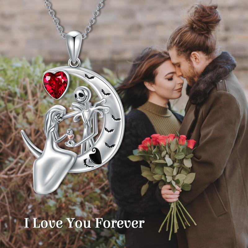 Sterling Silver Heart Cubic Zirconia Heart Moon Skeleton Pendant Necklace-6