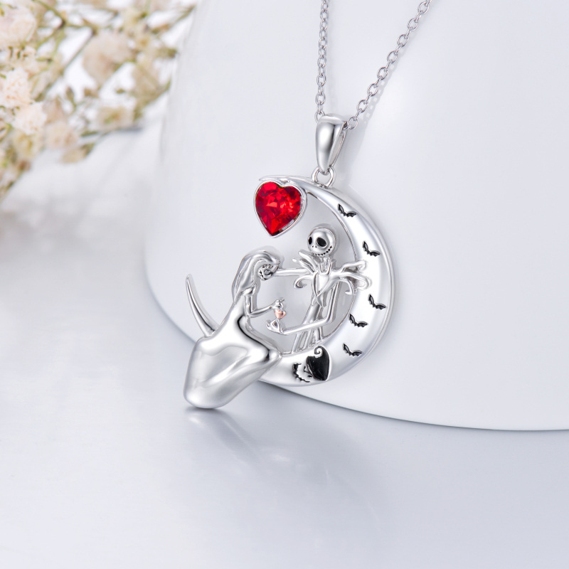 Sterling Silver Heart Cubic Zirconia Heart Moon Skeleton Pendant Necklace-3