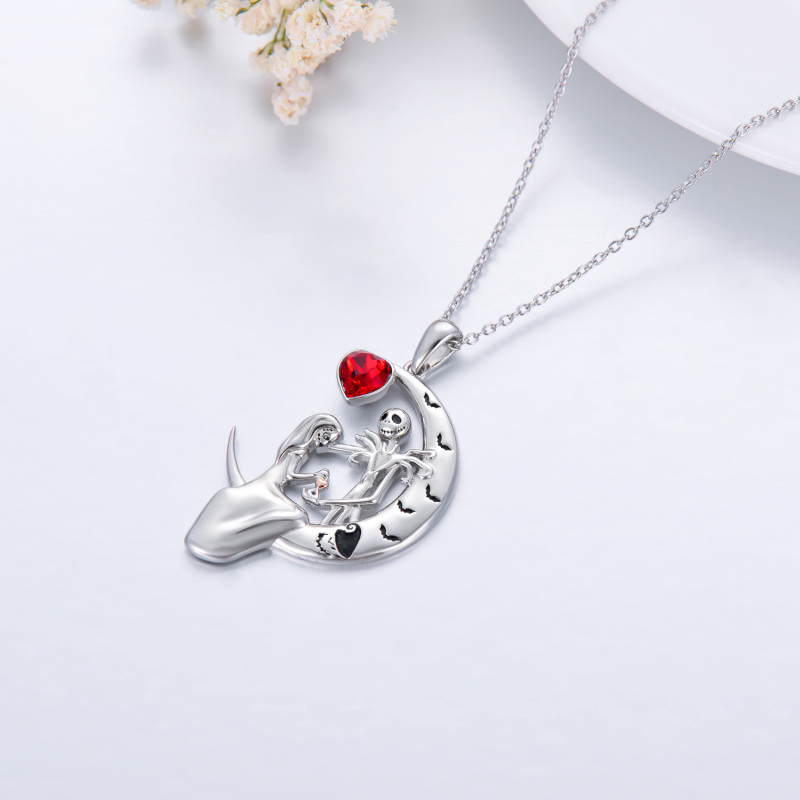 Sterling Silver Heart Cubic Zirconia Heart Moon Skeleton Pendant Necklace-4