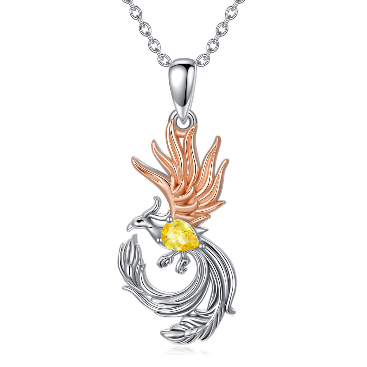 Sterling Silver Two-tone Cubic Zirconia Phoenix Pendant Necklace-1