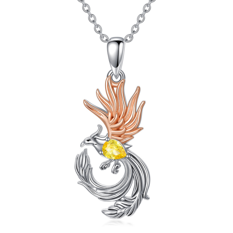 Sterling Silver Two-tone Cubic Zirconia Phoenix Pendant Necklace-11