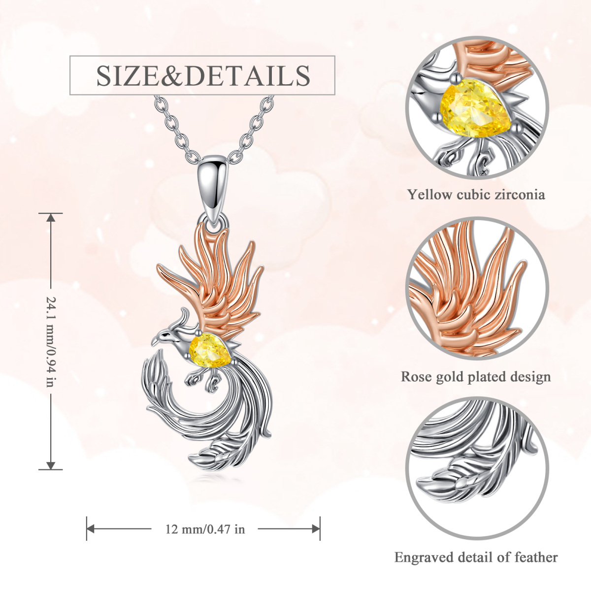 Sterling Silver Two-tone Cubic Zirconia Phoenix Pendant Necklace-5