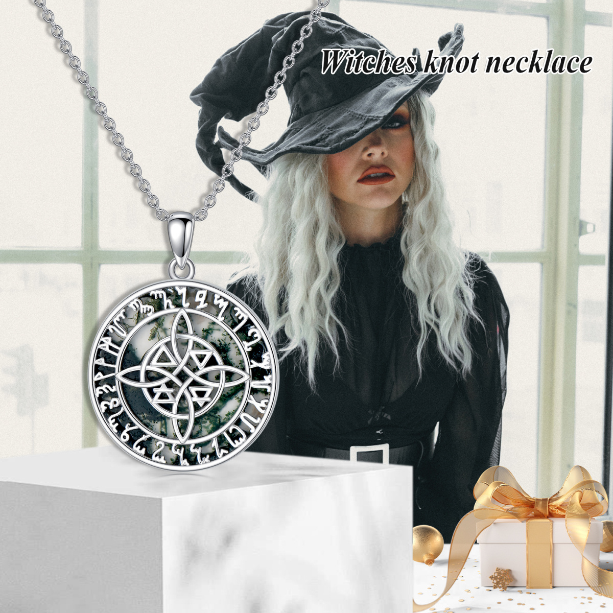 Sterling Silver Round Moss Agatenudo De Bruja Original Witches Knot Necklace For Unisex-6