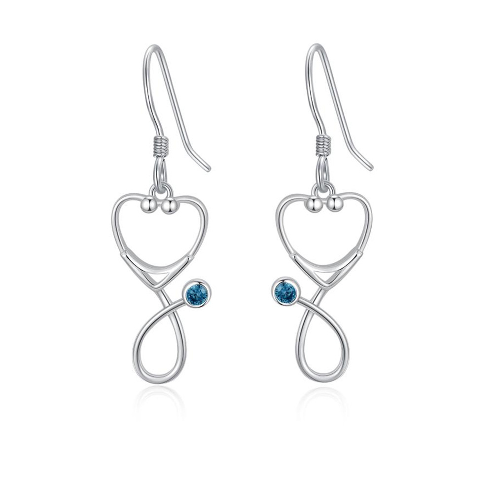 Sterling Silver Round Zircon Stethoscope Drop Earrings-1