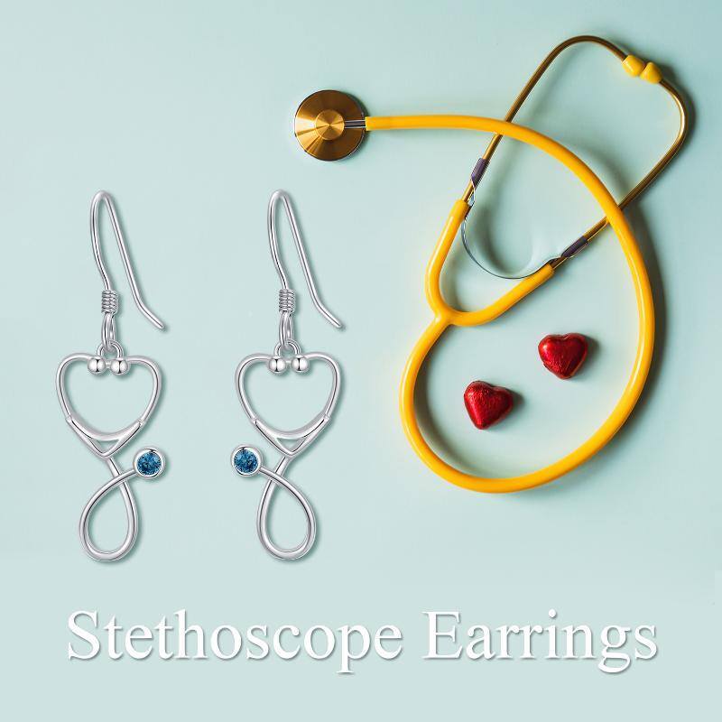 Sterling Silver Round Zircon Stethoscope Drop Earrings-6