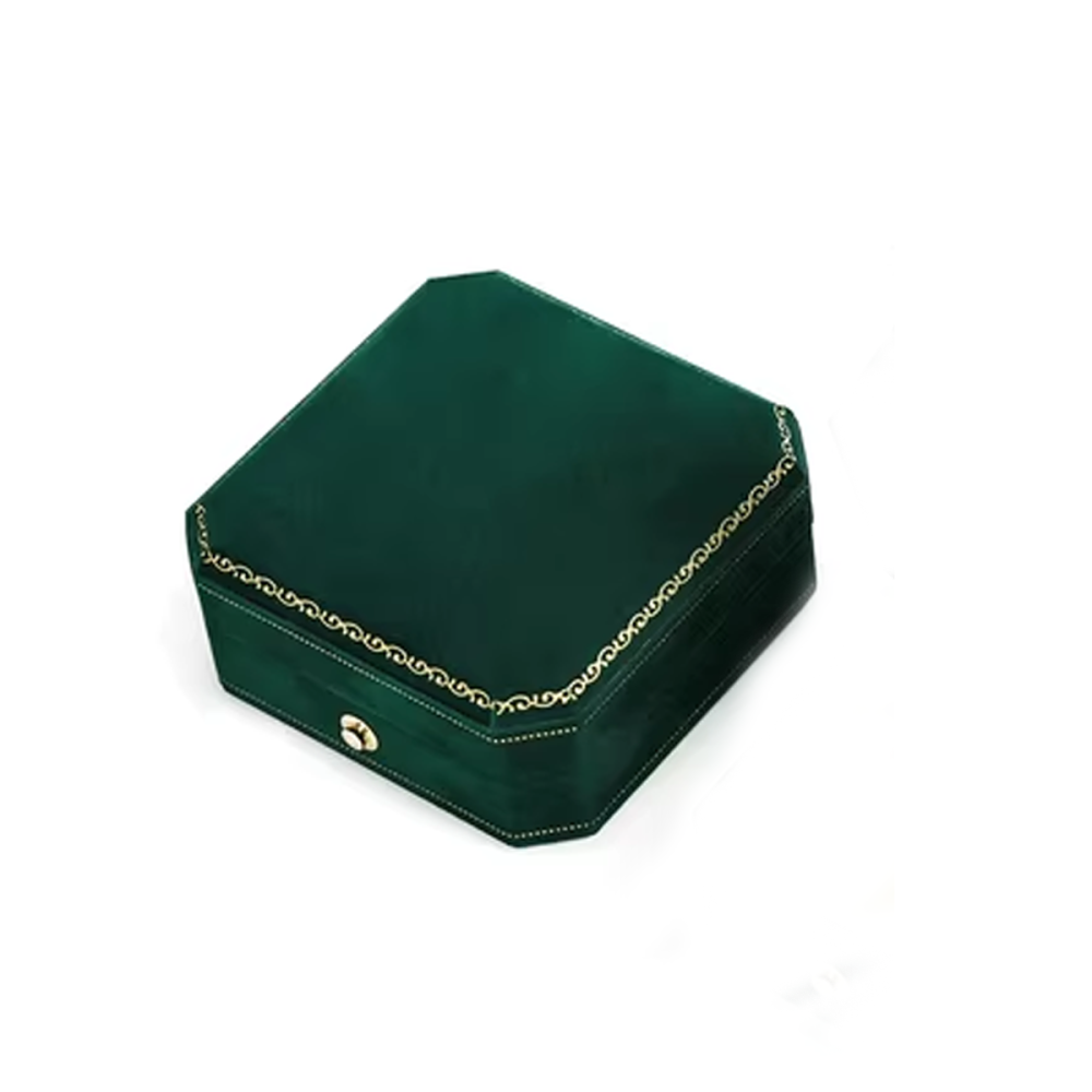 Octagonal Velvet Jewelry Box with Gold Edge and Gold Buckle Green Ring Box-2