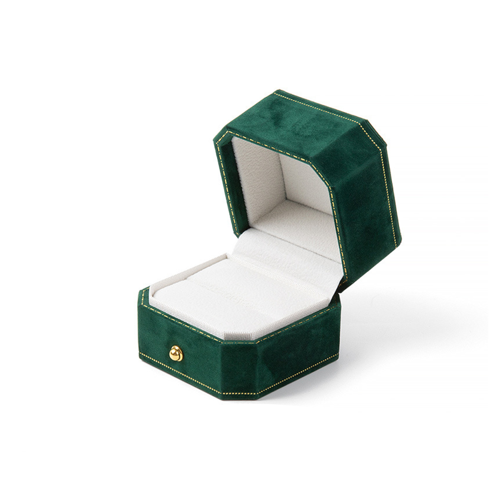 Octagonal Velvet Jewelry Box with Gold Edge and Gold Buckle Green Ring Box-3