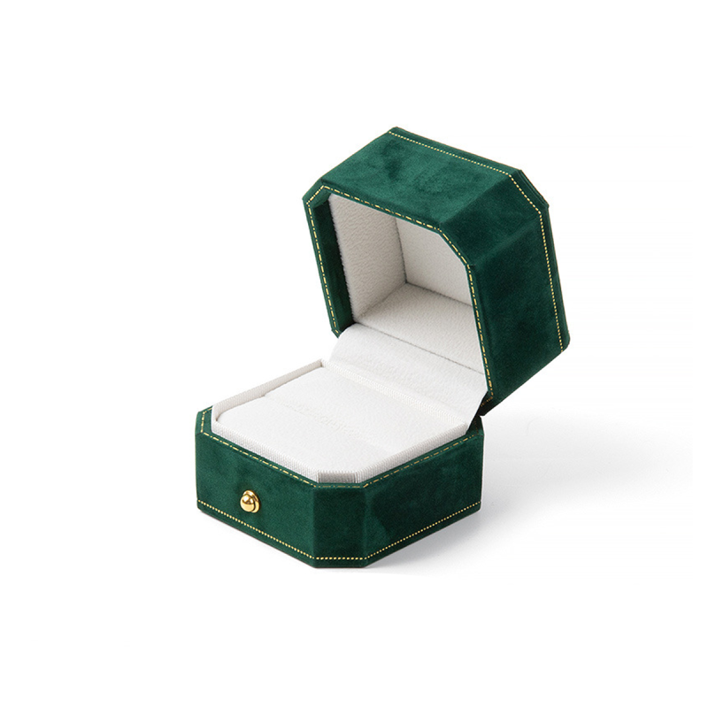 Octagonal Velvet Jewelry Box with Gold Edge and Gold Buckle Green Ring Box-3