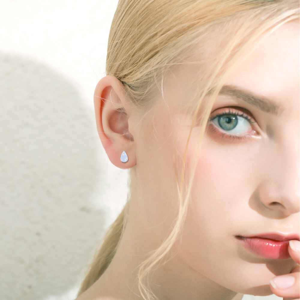 Sterling Silver Opal Drop Shape Stud Earrings-2