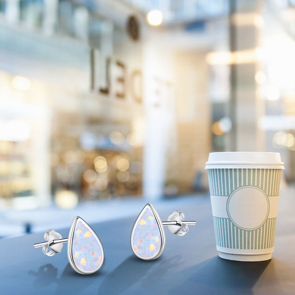Sterling Silver Opal Drop Shape Stud Earrings-7