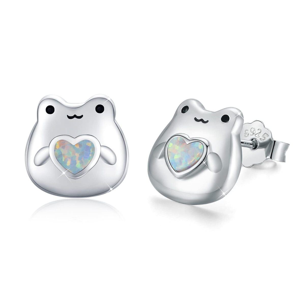 Sterling Silver Heart Opal Frog Stud Earrings-1