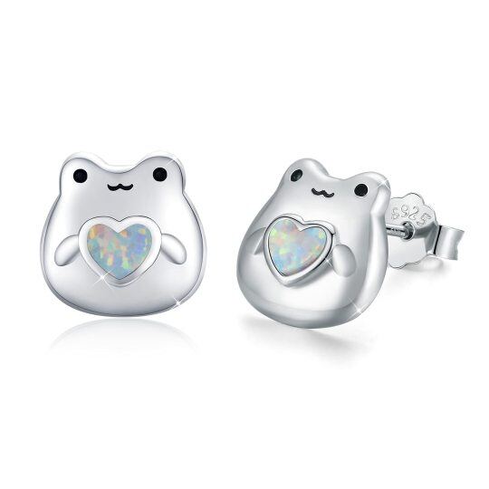 Sterling Silver Heart Opal Frog Stud Earrings