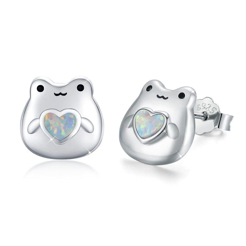 Boucles d'oreilles à tige en argent sterling avec cœur en opale et grenouille-11