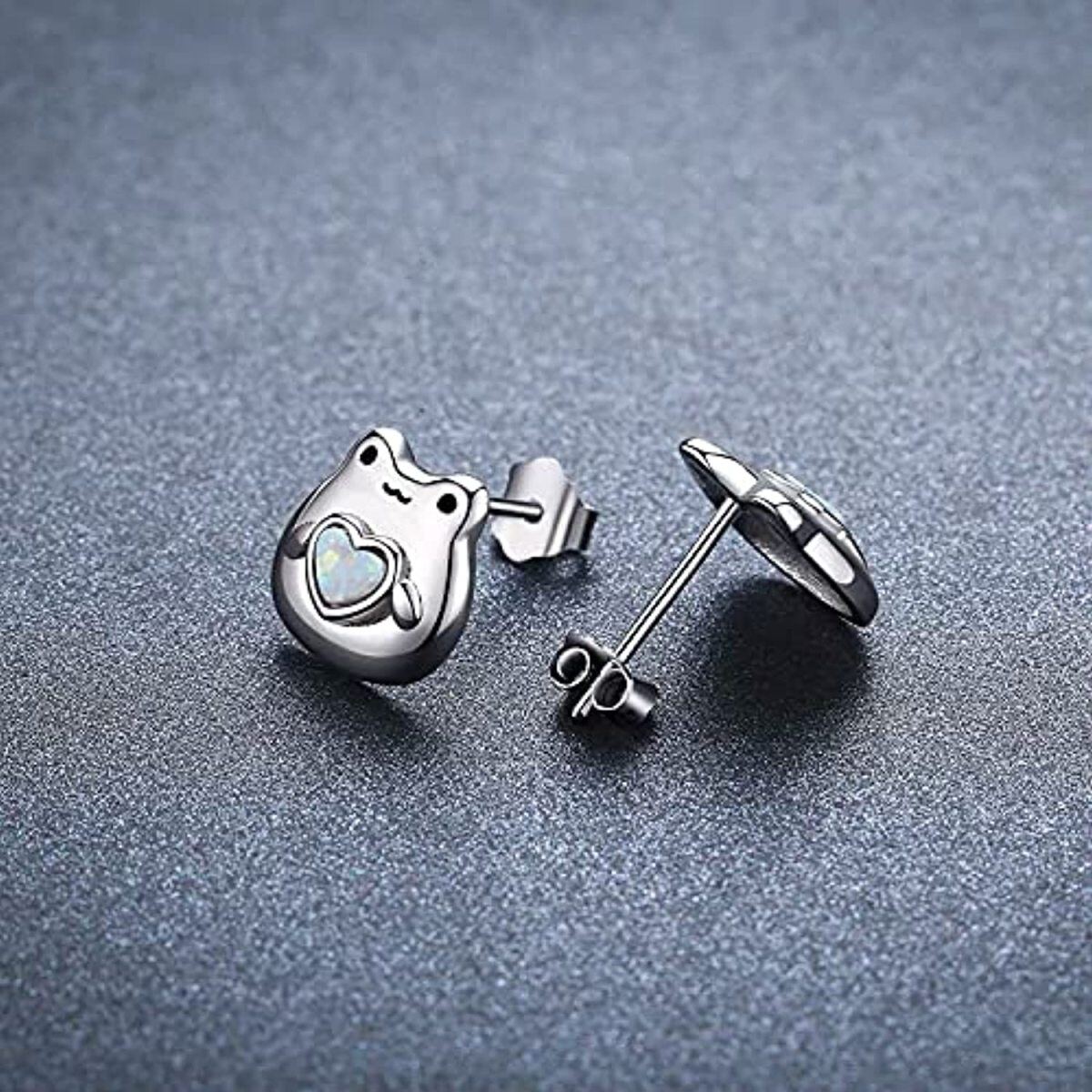 Sterling Silver Heart Opal Frog Stud Earrings-4