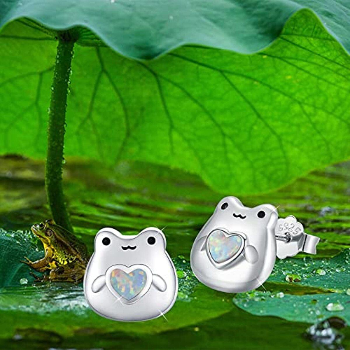 Sterling Silver Heart Opal Frog Stud Earrings-5