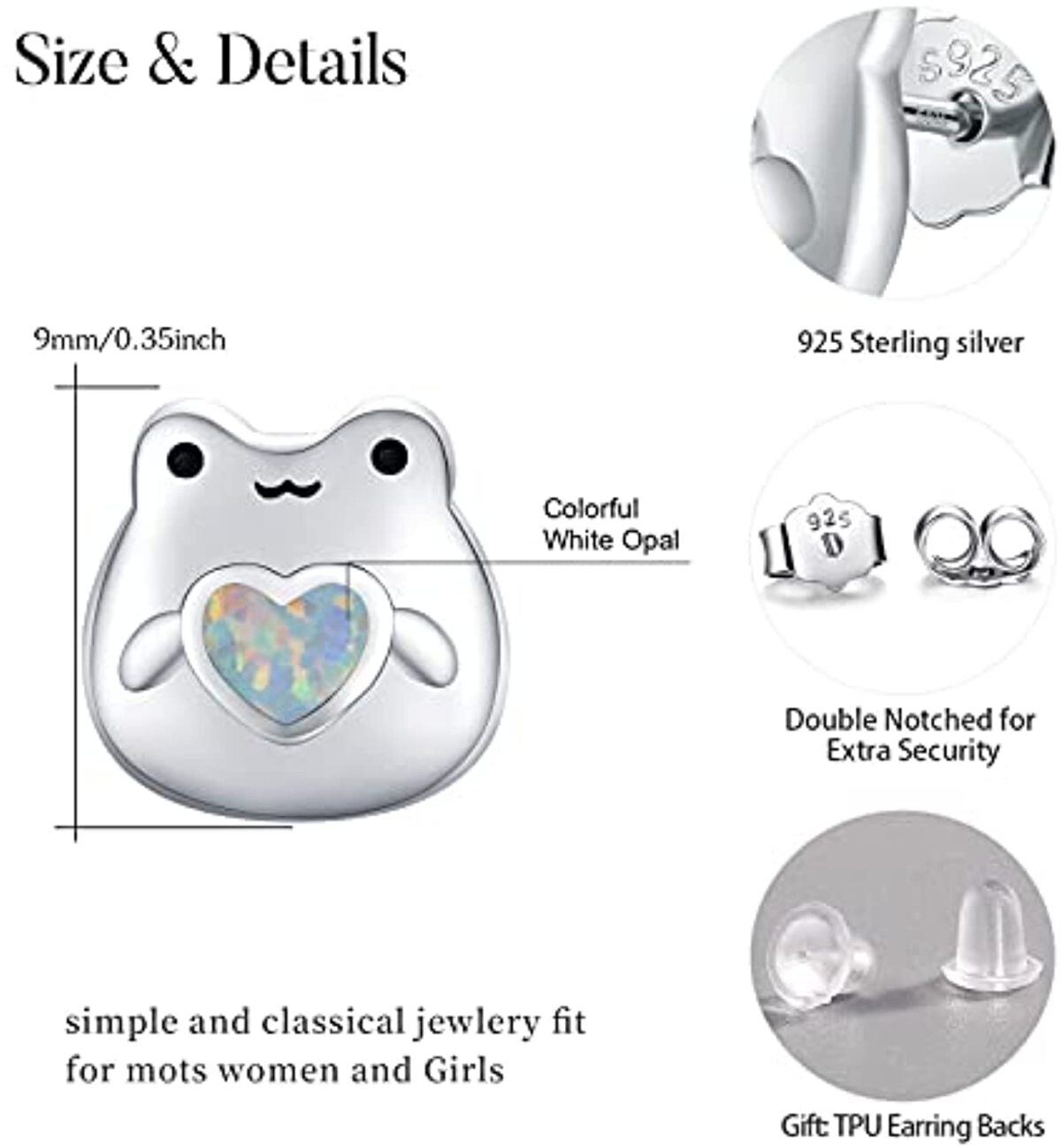 Sterling Silver Heart Opal Frog Stud Earrings-6