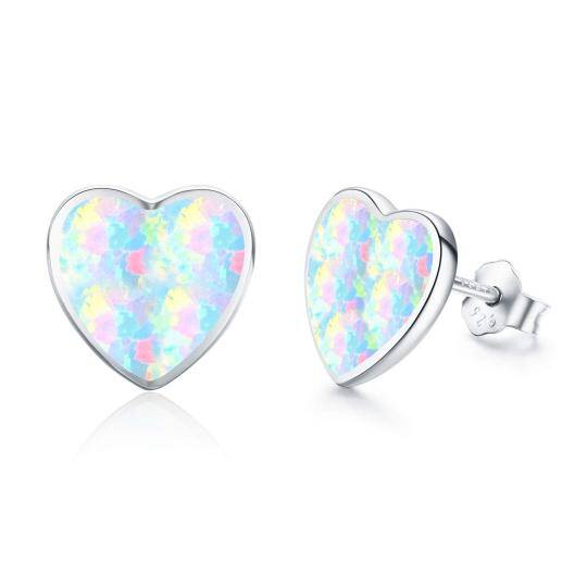 Pendientes de botón con forma de corazón de ópalo en plata de ley para mujeres y niños