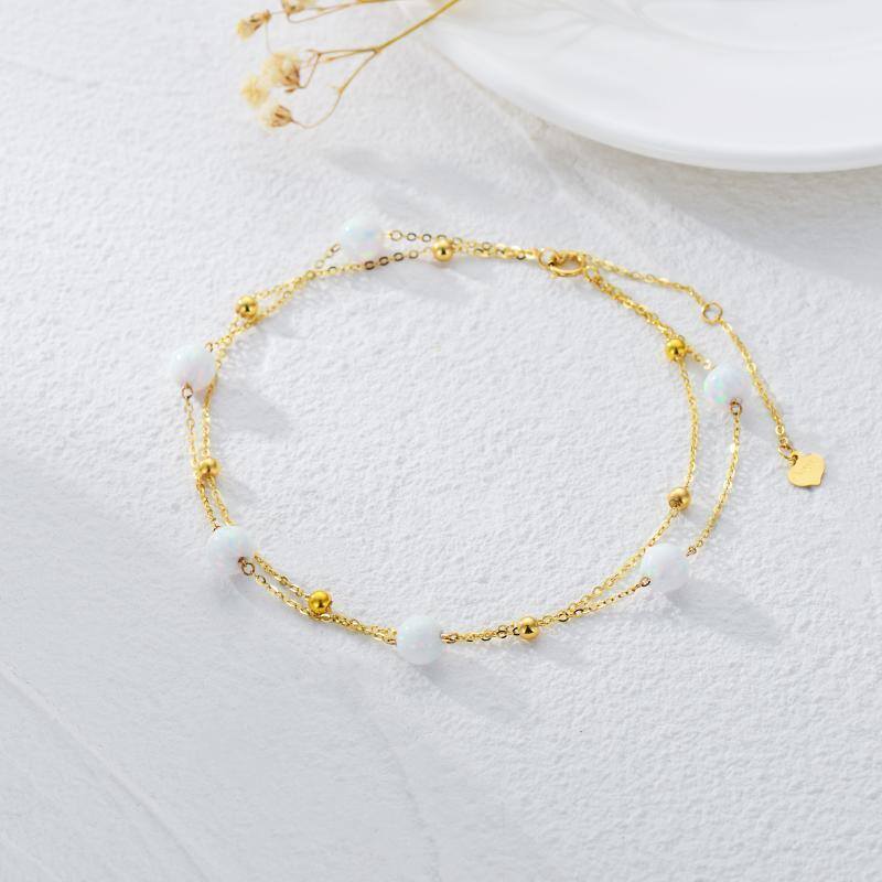 10K White Gold Opal Bead Multi-layered Charm Anklet-2