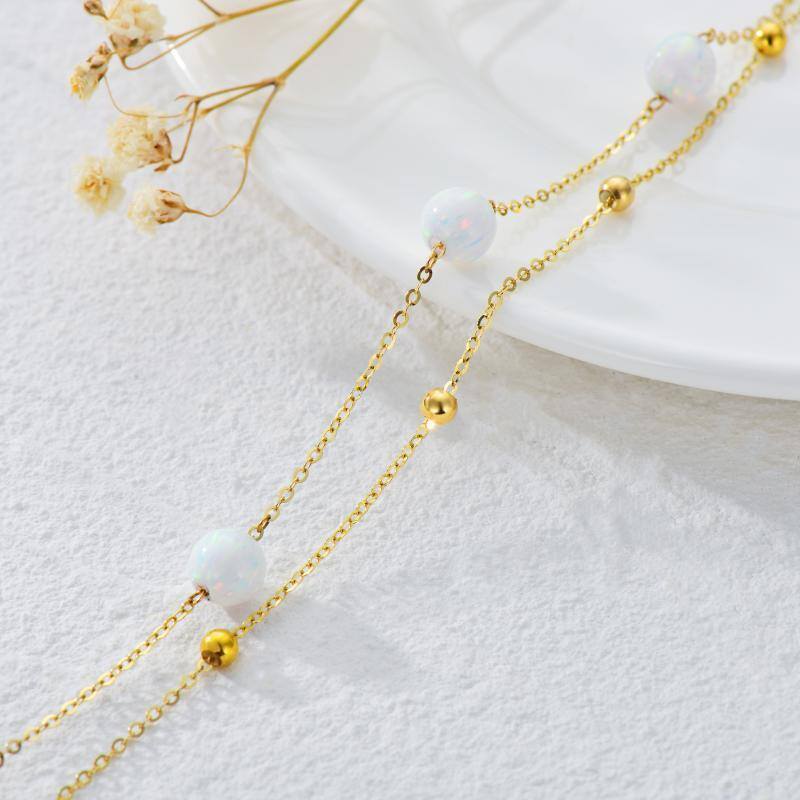 10K White Gold Opal Bead Multi-layered Charm Anklet-3