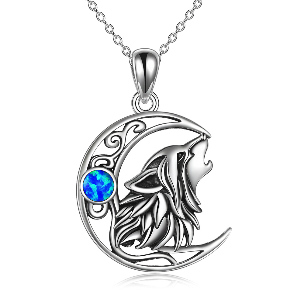 Collier pendentif lune et loup en argent sterling avec opale-1