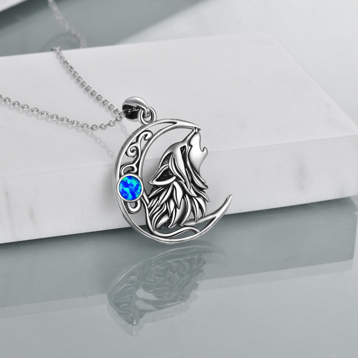 Sterling Silver Opal Wolf & Moon Pendant Necklace-3