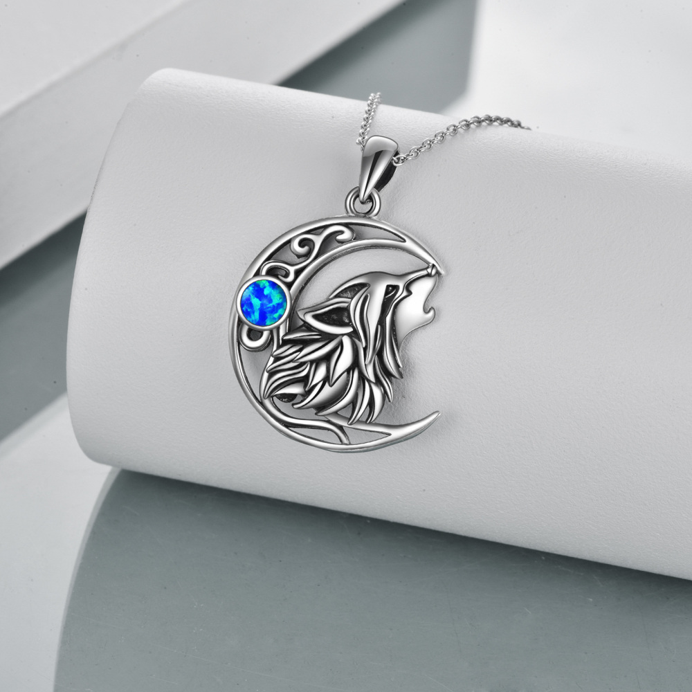 Collier pendentif lune et loup en argent sterling avec opale-4