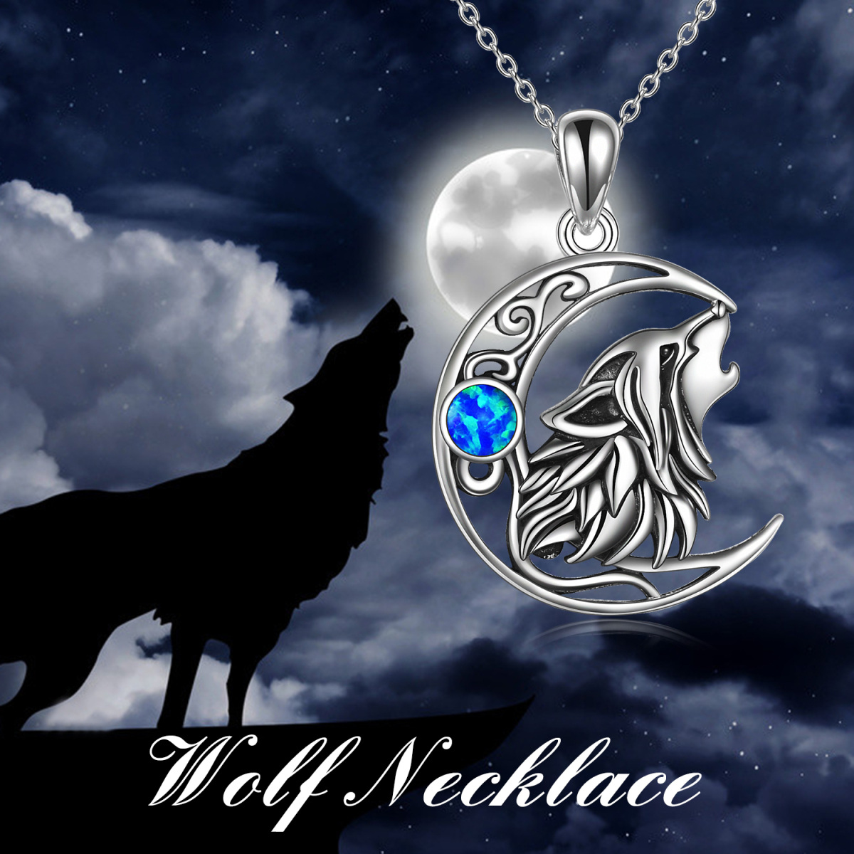 Sterling Silver Opal Wolf & Moon Pendant Necklace-6