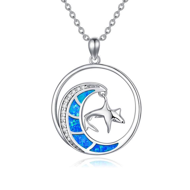 Sterling Silver Opal Shark Moon Star Pendant Necklace-1