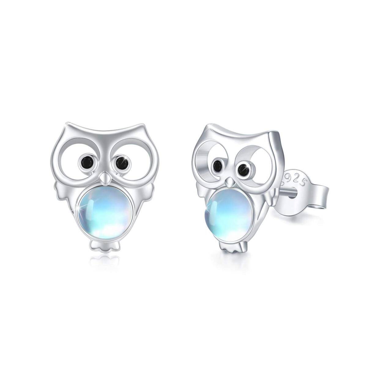 Sterling Silver Round Moonstone Owl Stud Earrings-1