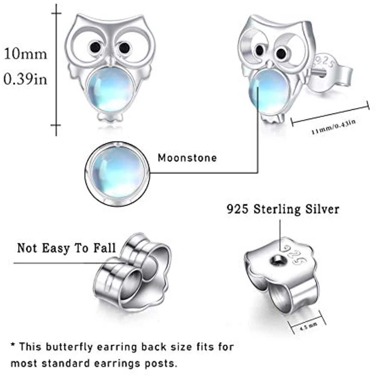 Sterling Silver Round Moonstone Owl Stud Earrings-6