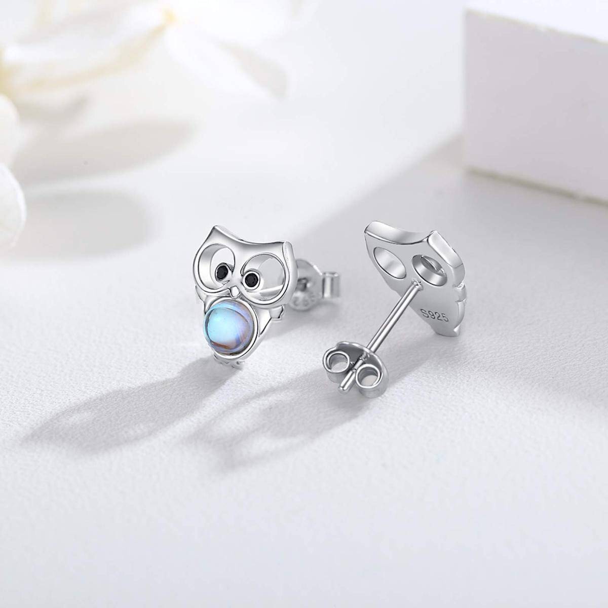 Sterling Silver Round Moonstone Owl Stud Earrings-4