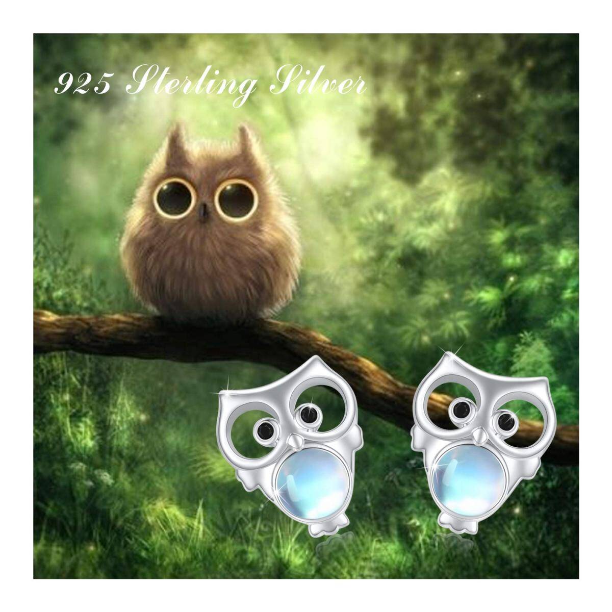 Sterling Silver Round Moonstone Owl Stud Earrings-5