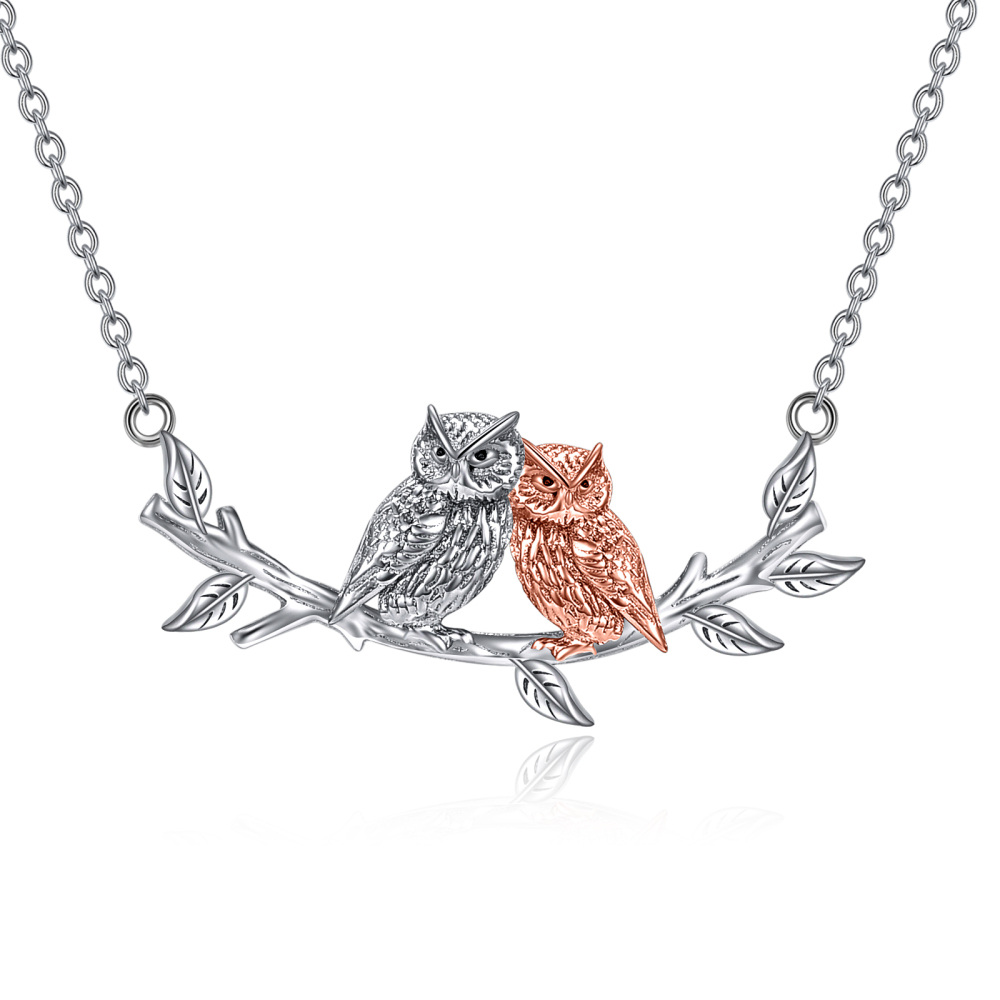 Sterling Silver Two-tone Owl & Ivy Pendant Necklace for Women-1
